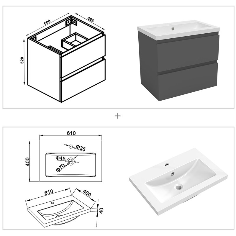 Noveta 600 mm Wall Mounted Combined Vanity Unit with Drop In Resin Basin, Grey