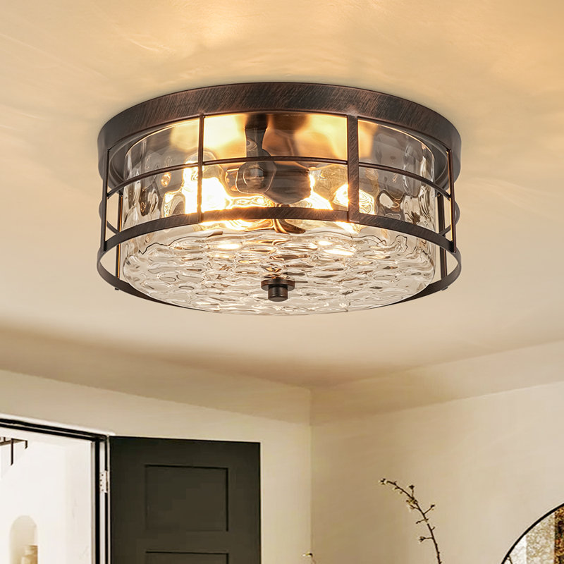 2 - Light Farmhouse Hammered Water Glass Drum Flush Mount