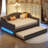 Full XL Upholstered Daybed with LED Light Strip and Pull-Out Trundle, Linen Platform Frame with Backrest-229977457