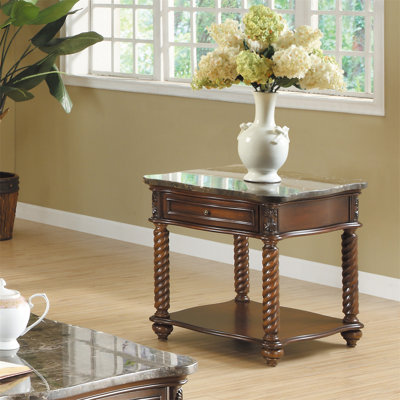 Traditional Formal Marble Top End Table With Drawer Lower Shelf Mahogany Finish Spiral Turned Legs Wooden 1Pc Living Room Furniture Side Table
