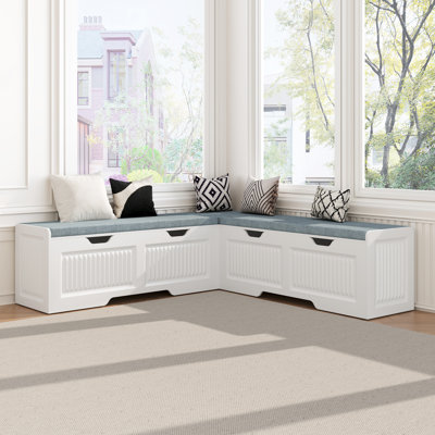 Banc de rangement en forme de L, banc de coin de cuisine en forme de L de 63 po avec siège rembourré et fonction de rangement caché, banc en bois sans dossier pour l'entrée, convient à la salle à manger, à la cuisine