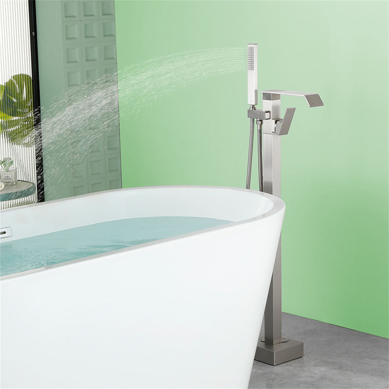 Freestanding Tub Faucet With Hand Shower Single Hole Waterfall Bathtub Faucet Modern Brass Single Handle Floor Mount Tub Fillers