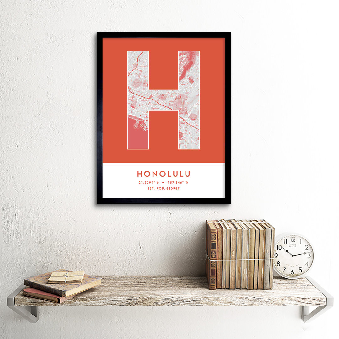 Honolulu City Map Honolulu Orange by Wee Blue Coo - Single Picture Frame Typography