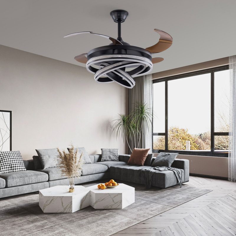 Ventilateur de plafond rétractable de 42 po avec lumières et télécommande réversible Demeatra, Noir