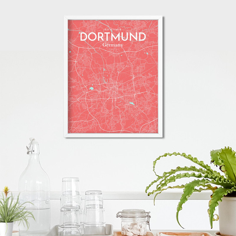 Carte de la ville de Dortmund, impression à Oranje, H 20 po x l 16 po, Rose / bleu pastel