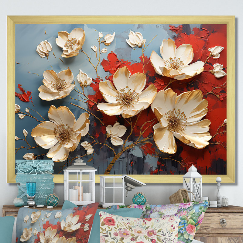 Or et pétales de tournesol beauté - Art mural floral abstrait, Cadre doré à coins fermés, H 30 po x l 40 po x P 1,5 po