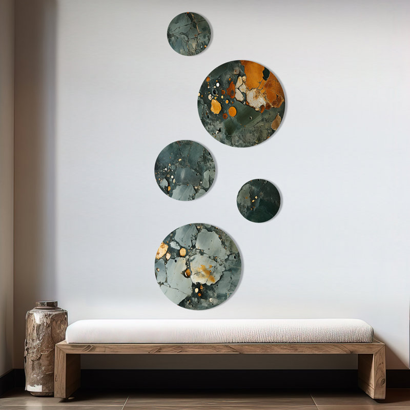 Ensemble de 5 décorations murales rondes en marbre doré et vert Terrazzo