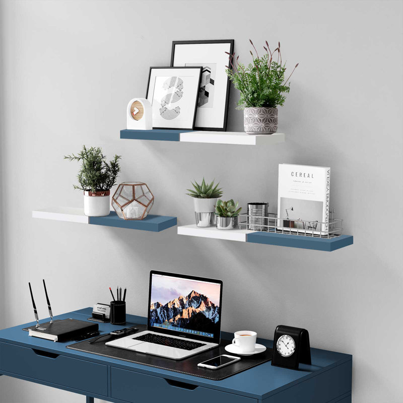 23.6'' W Color Block Floating Shelves Set, White/Blue