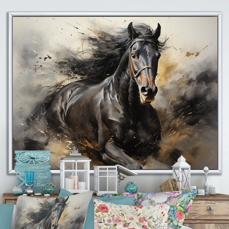 Étalon noir en mouvement I - cheval, art mural, H 34 po x l 44 po x P 1,5 po, Cadre flottant blanc