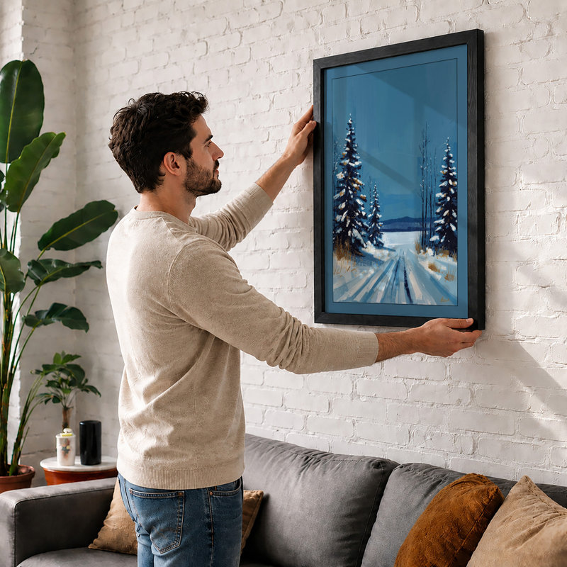 Winter Road To Frozen Lake Scandinavian - Print, A2 - 59.4 x 42.0 cm, Walnut