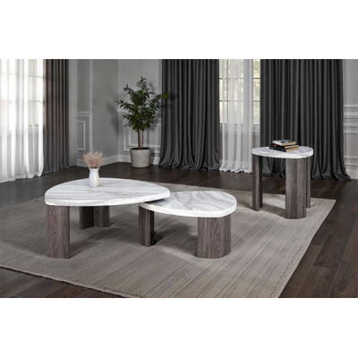 Contemporary Style Triangle 3pc Table Set with Nesting Coffee and End Tables, Space-Saving Marble Pattern Design for Modern Living Rooms