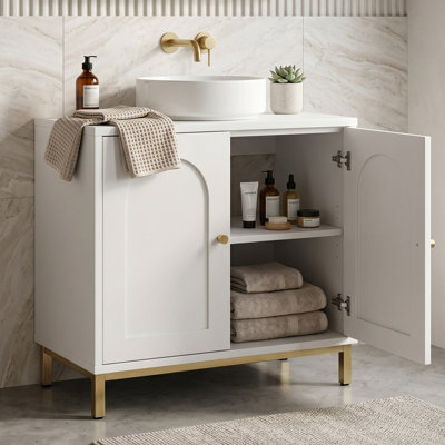 Freestanding Bathroom Cabinet, Sink Storage Cabinet With 2 Doors U Cutout Modern Under Sink Organizer Adjustable Shelf For Bathroom White