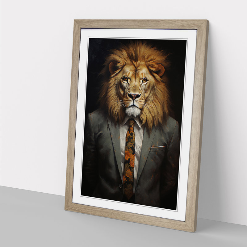 Lion In A Suit - Single Picture Frame Print on Wood, Oak, 46cm H x 34cm W x 2cm D