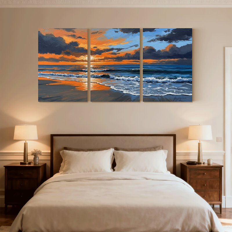 Nautique et plage, océan, coucher de soleil, vagues, nuages, plage, horizon, couleurs, ensemble de 3 impressions sur toile