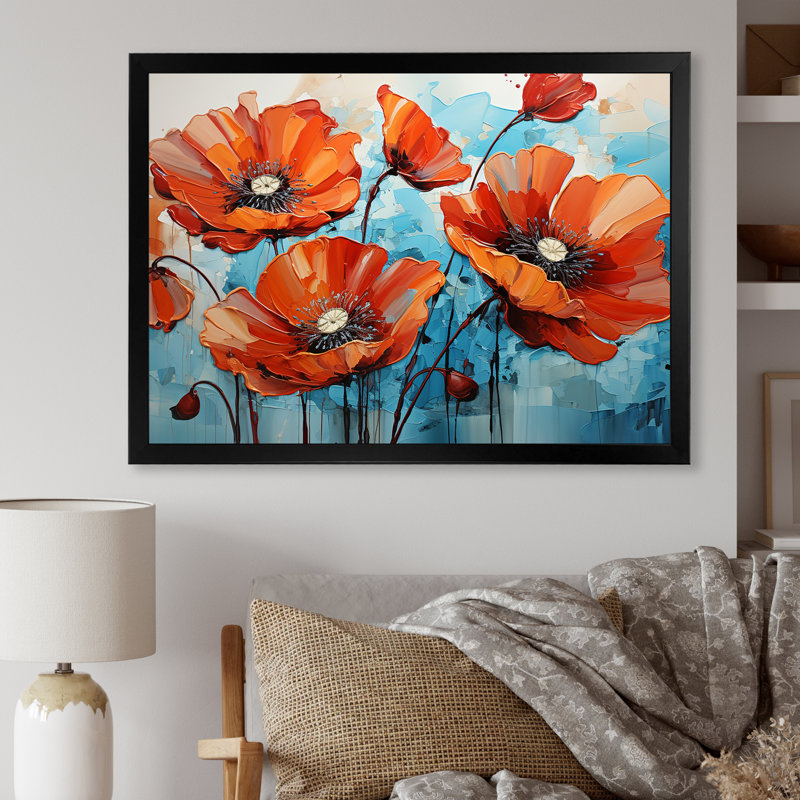 Orange et bleu «Poppy Meadow» - art mural coquelicots, Cadre d'angle fermé noir, H 24 po x l 32 po x P 1 po