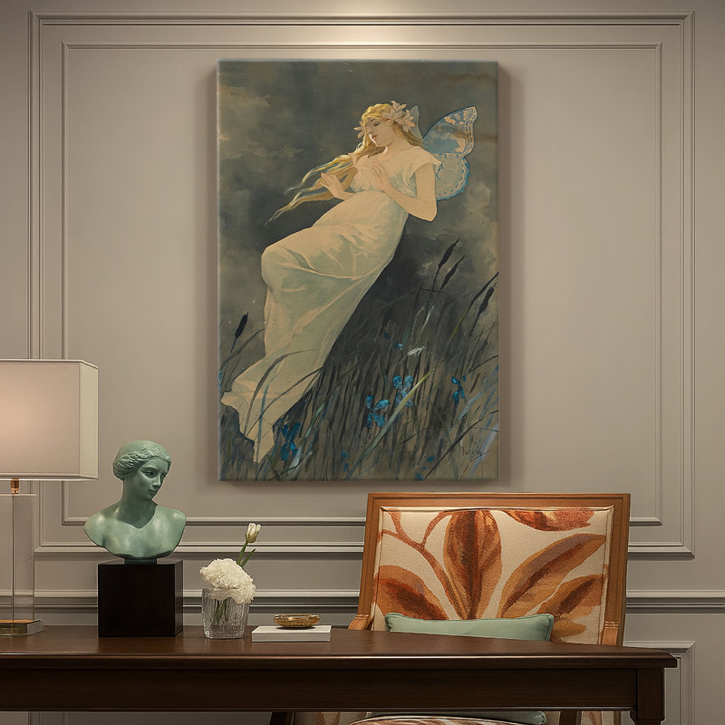 Elf avec fleurs d'iris - Toile tendue avec châssis par Alphonse Mucha, 18 x 27