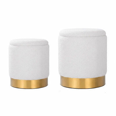 Set of 2 Sherpa Round Ottoman with 12 Gallon Hidden Storage 300lb Capacity No Assembly White Footrest Coffee Table for Living Room