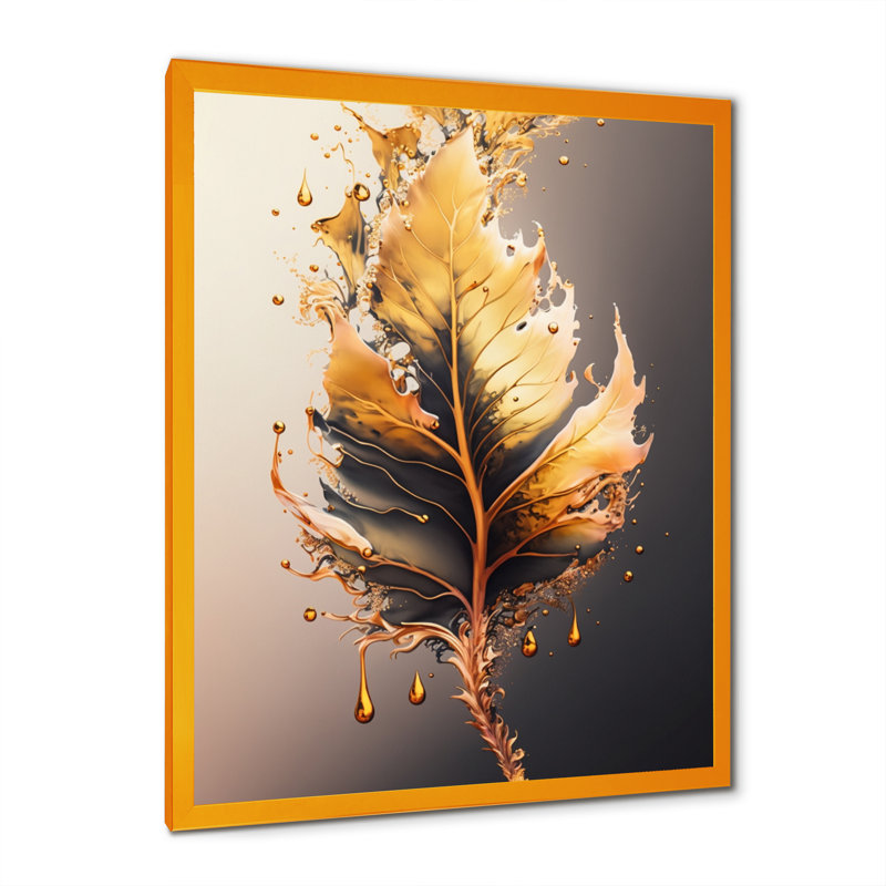 «Gold Abstract Leaves II», impression sur toile, H 32 po x l 16 po x P 1 po, Toile encadrée dorée avec coins fermés