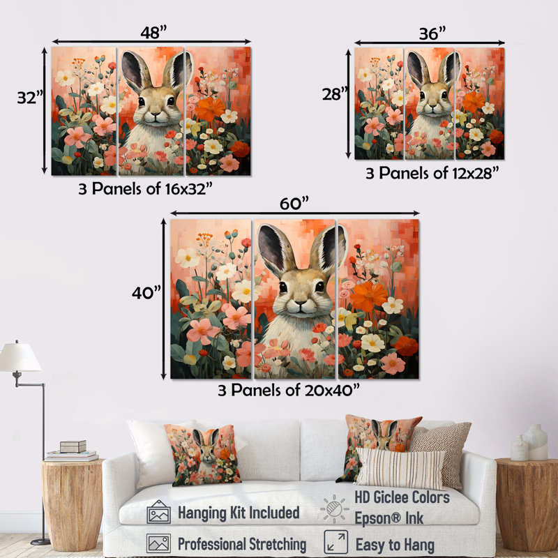 Art de mur de lapin rose, H 28 po x l 36 po, Toile tendue