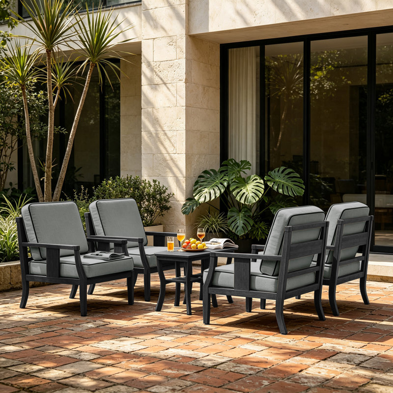Ensemble de conversation d'extérieur en teck pour quatre personnes avec coussin et deux tables d'appoint, Gris, Noir