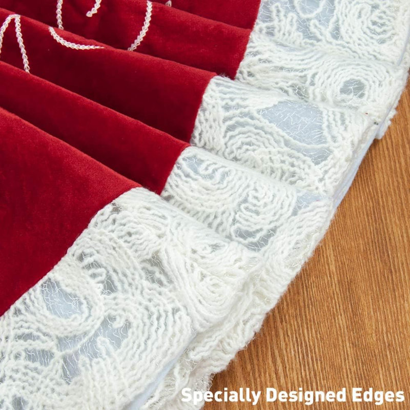 Jupe d'arbre de Noël rouge brodée de paillettes de neige de 32 pouces avec bordure blanche pour ornements de fêtes