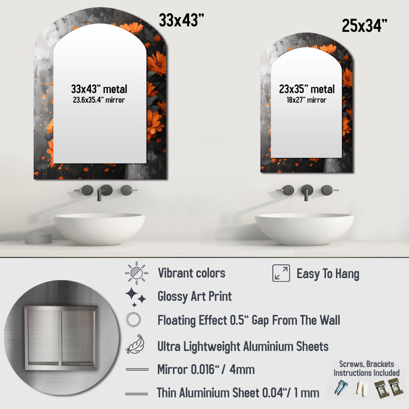 Grand miroir mural orange sur fond orange et orange, 34 po x 25 po