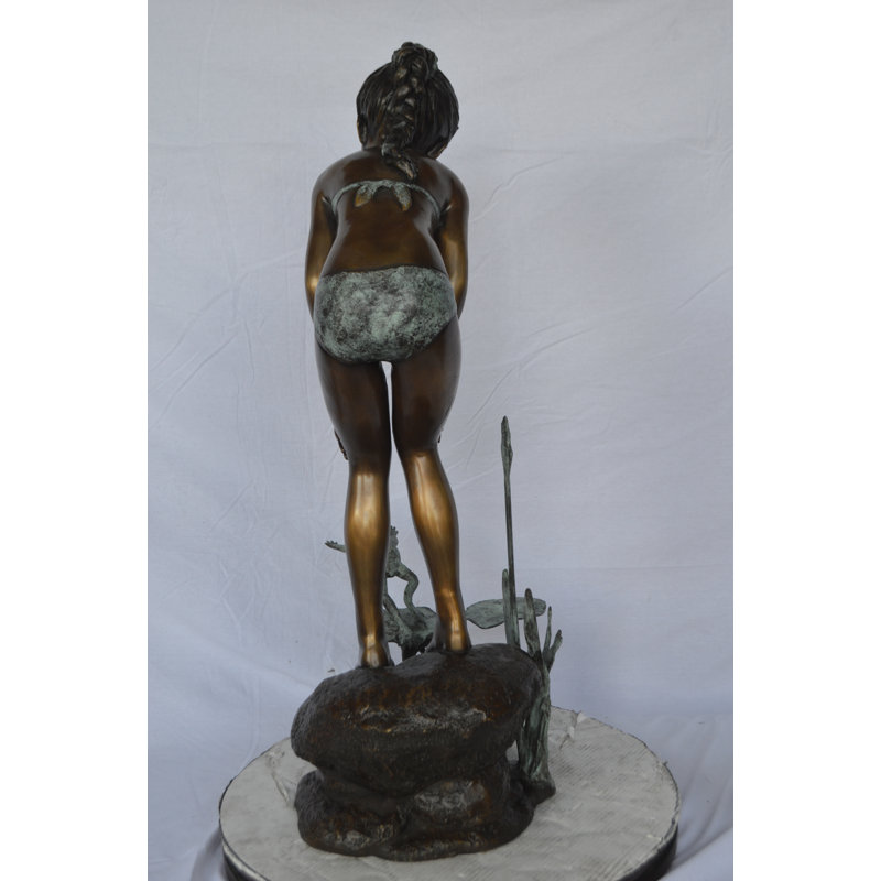 Copper and Metal Girl Looking at Frog Jumping Fountain