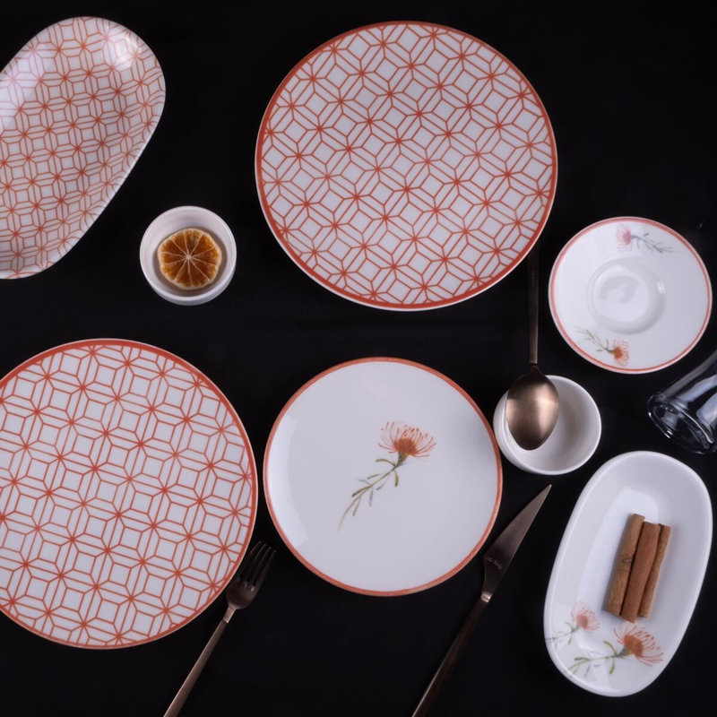 Ensemble de petit déjeuner (32 pièces), Blanc/rouge, Géométrique