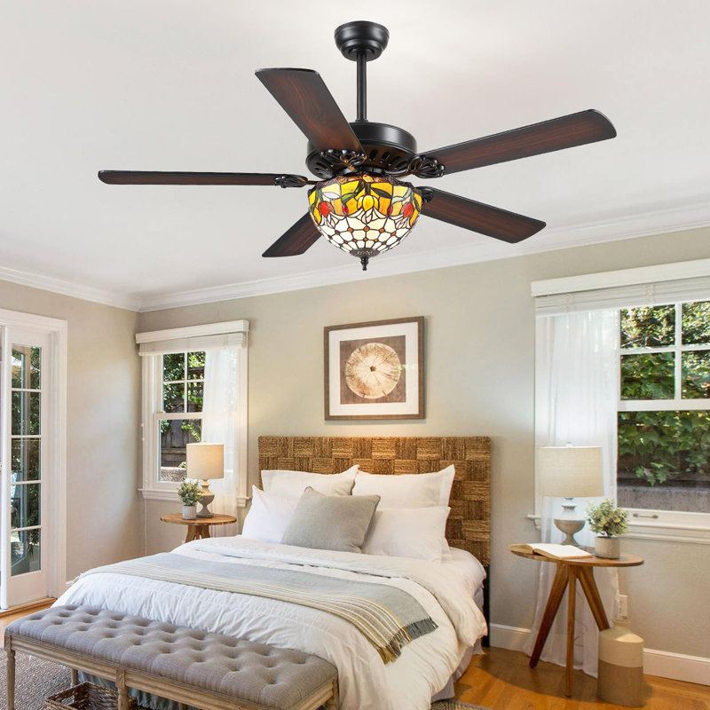 52" Tiffany Ceiling Fan Chandelier With 5 Dual-Blades And Remote Control, Black/Matte Black
