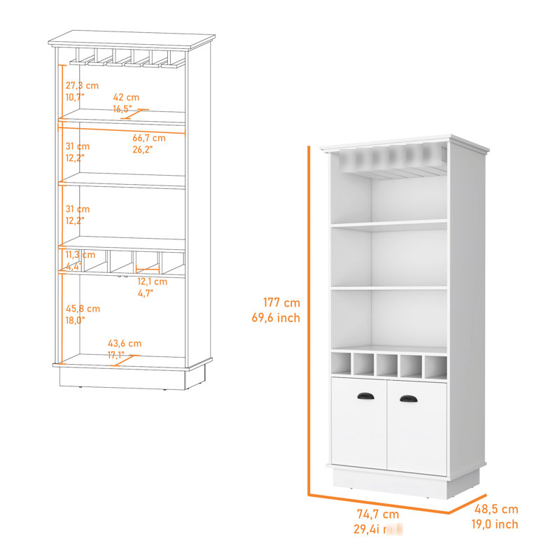 Bar blanc avec rangement pour bouteilles efficace - 3 tablettes, 5, porte-verres élégant pour la structure de divertissement à domicile