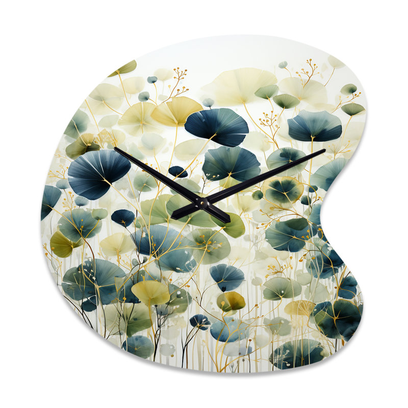 Blue Green Botanical Elegance - Botanicals Irregular Shape Metal Wall Clock, Modern Asymmetrical Wall Clock Print, Large