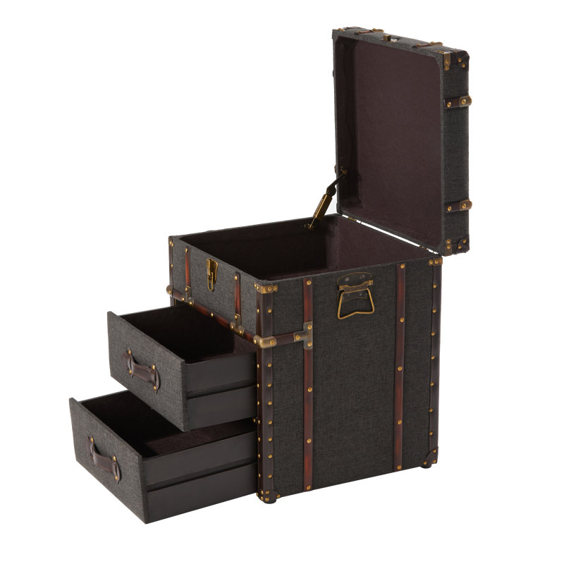 Lannigan Vintage Storage Chest with Buckle Hinged Top, Linen Accent End Side Table, Dark Gray