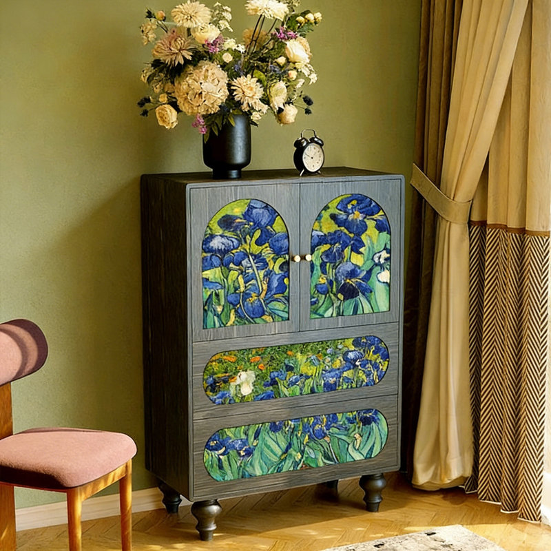 Armoire de rangement en bois massif français peint abstrait