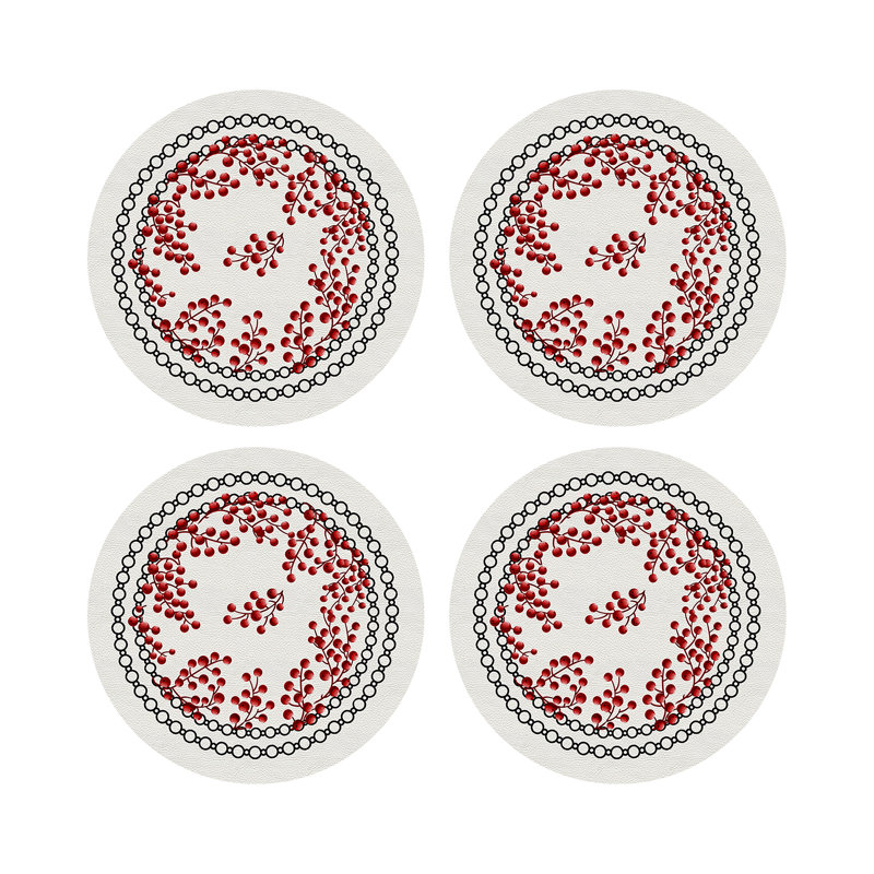 Christmas Berries Vegan Leather Round Pebble Placemat, Red White