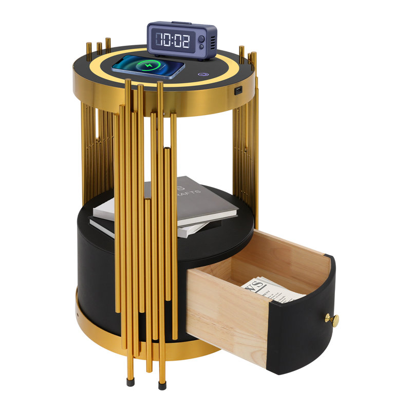 Table de chevet ronde à DEL avec station de charge sans fil 13,78 x 25,59 po ((D * H), Noir et or