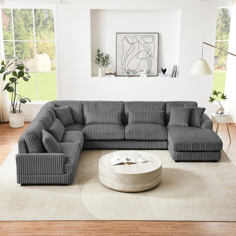 129" U-Shaped With Chaise Lounge, Corduroy Upholstery, 5 Seats, Thoughtful Design, Ergonomic High Foam
