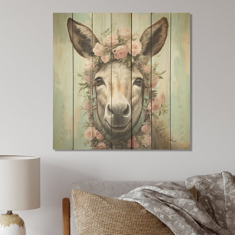 Joli portrait d'âne floral - impression sur bois, H 15 po x l 15 po