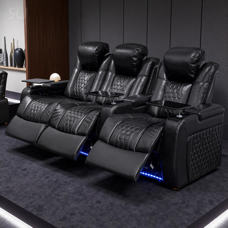 93.3 Power Recliner Set With Top-Grain Nappa, Fully Adjustable, Smart Charging, And Dynamic RGB LED Lighting, Recliner, Black