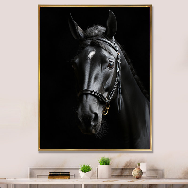 Latifat noir et blanc, cheval, élégance - art sur toile, Cadre flottant doré, H 44 po x l 34 po x P 1,5 po