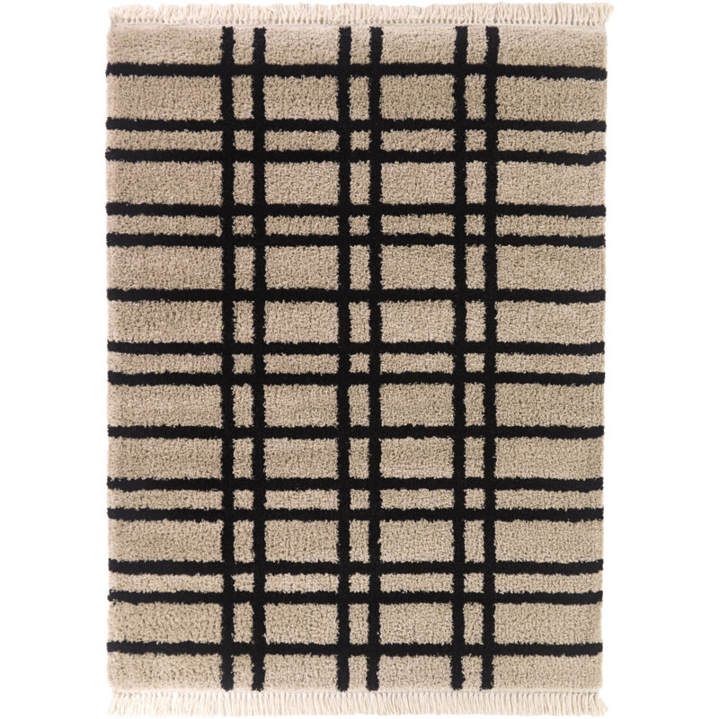 Leana Black Geometric Stripe Area Rug, Rectangle 5'3" x 7'
