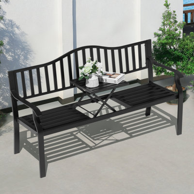 E-Coated Metal Frame Outdoor Bench with Backrest & Built-In Side Table