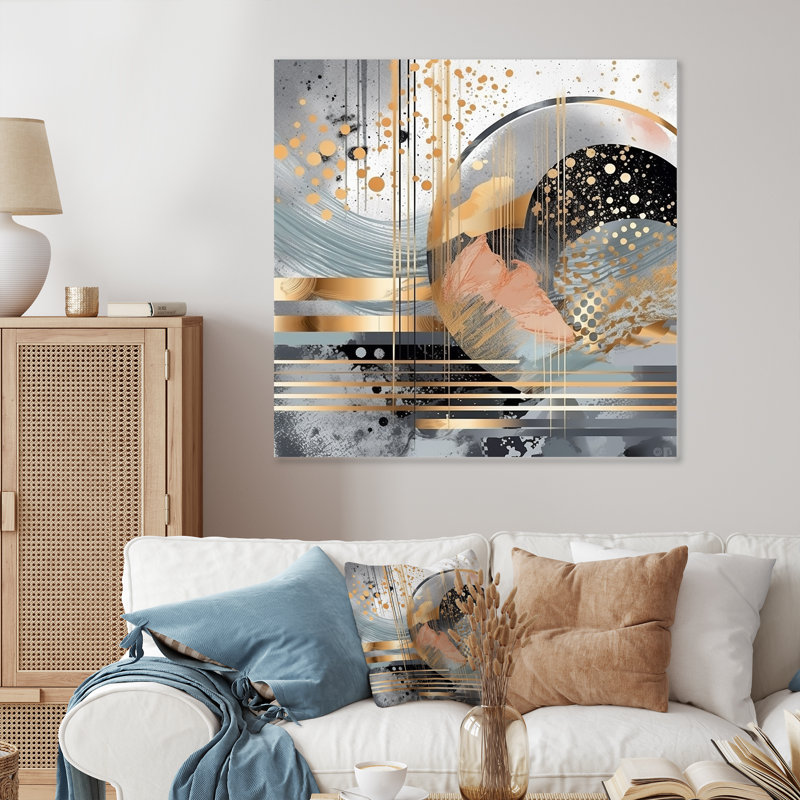 Rayures pastel grises et dorées Melody II - Décoration murale abstraite en métal, H 16 po x l 16 po