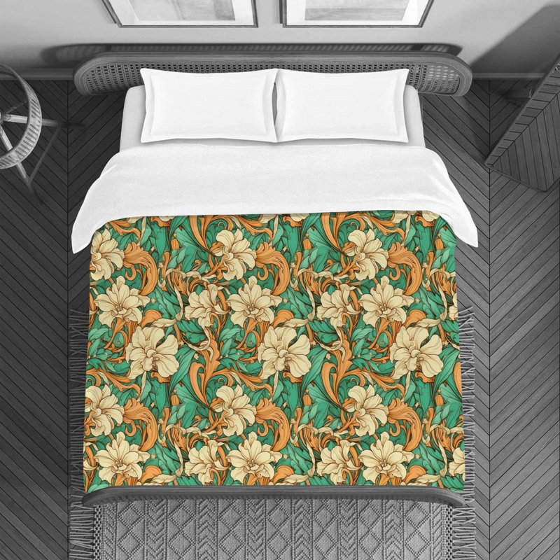 Housse de couette , Housse de couette pour grand lit, Brun / fleurs vertes