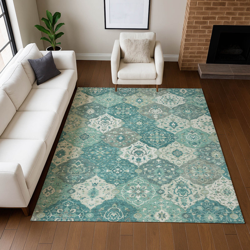 Premium Machine Washable Mayfield AMF2292 Panel Rug, Teal, 5' x 7'6"