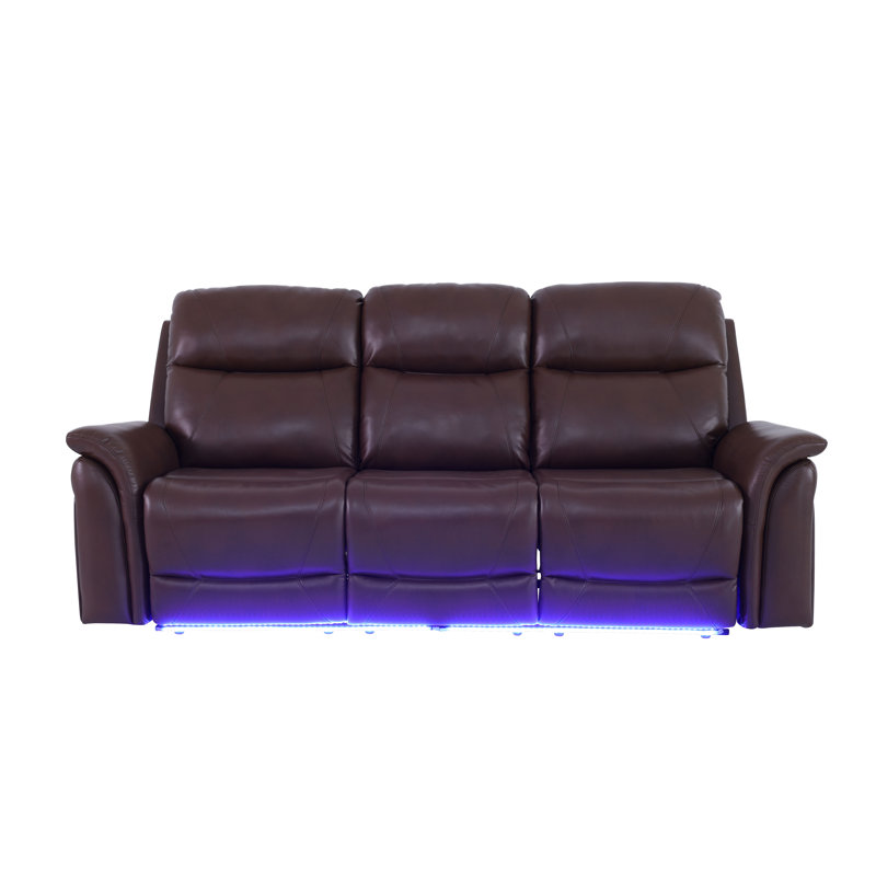 Chester Reddish  Brown  Vegan Leather   Reclining  Sofa With Cup-Holders ,Wireless Charging And LED Lights