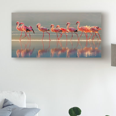 Wrapped Canvas Wall Art - Phillip Chang 'Flamingo Walk' Wall Art for Living Room, Bedroom, or Office Décor - 16x32