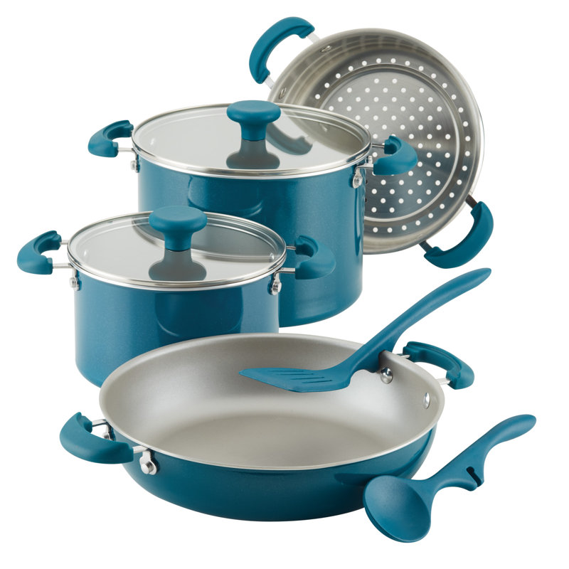 Rachael Ray Create Delicious Stackable Nonstick Cookware Induction Pots and Pans Set, 8 Piece, Teal