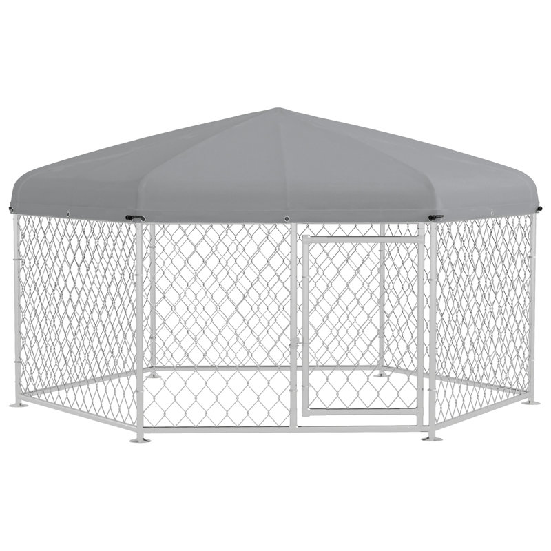 Piste pour chien 6,9 'x 6,1' x 4,9 'avec toit imperméable et résistant aux rayons UV, porte verrouillable, pour chiens de taille moyenne et grande, argent
