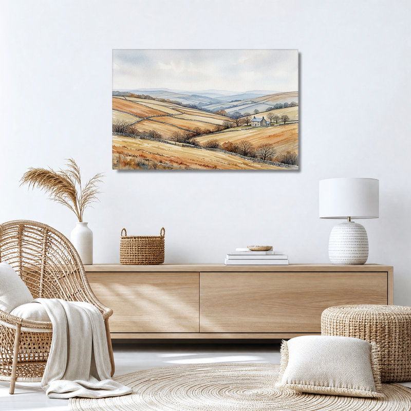 Tableau sur toile aquarelle représentant des collines ondulantes et des murs de pierre, 16"H x 24"W