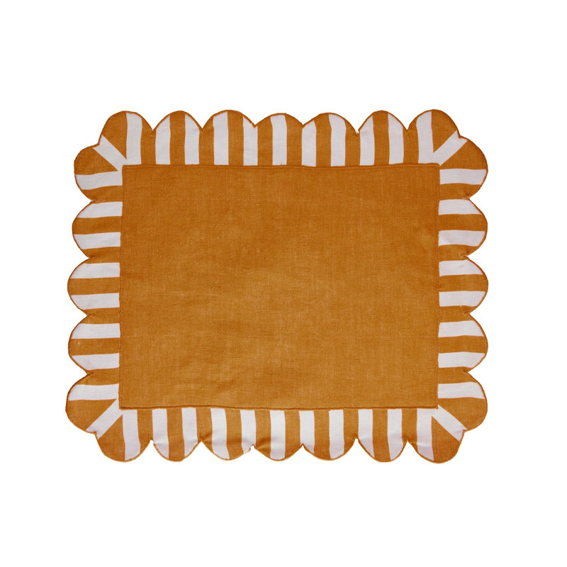 Jardin Embroidered Linen Scalloped Stripe Placemats, Amber/White